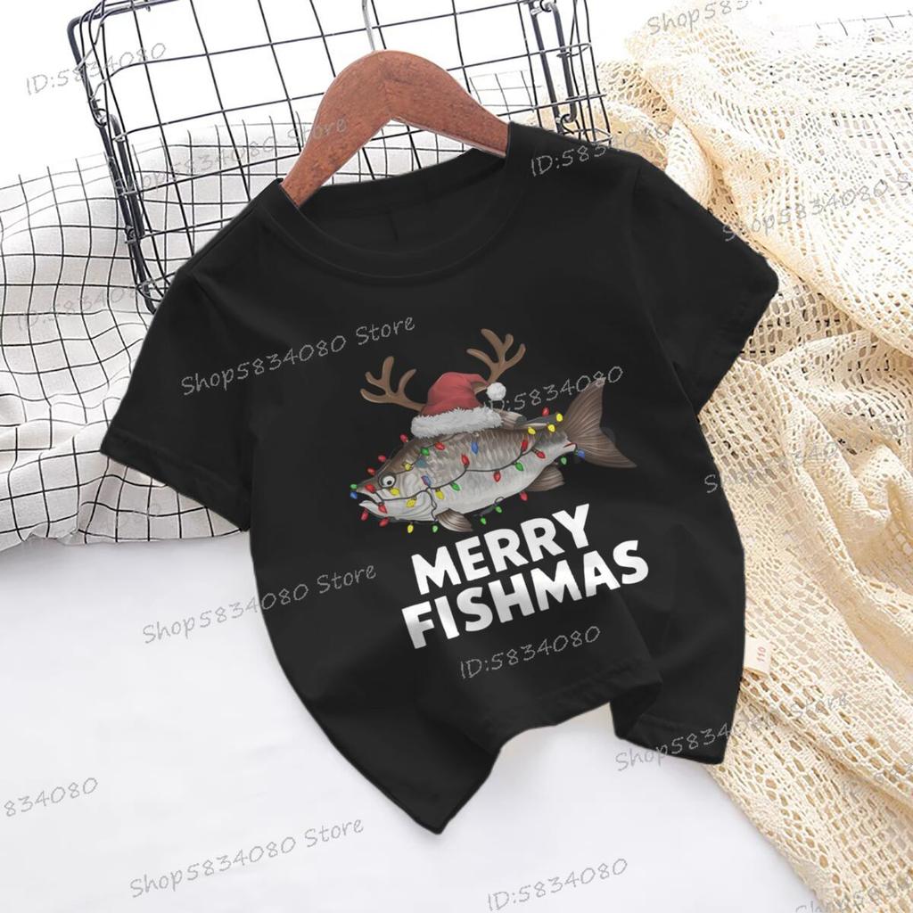 Merry Fishmas Print Christmas T-shirts Short Sleeve Boys Girls Fashion Christmas Clothes Cartoon Hip Hop Wild Xmas Tees