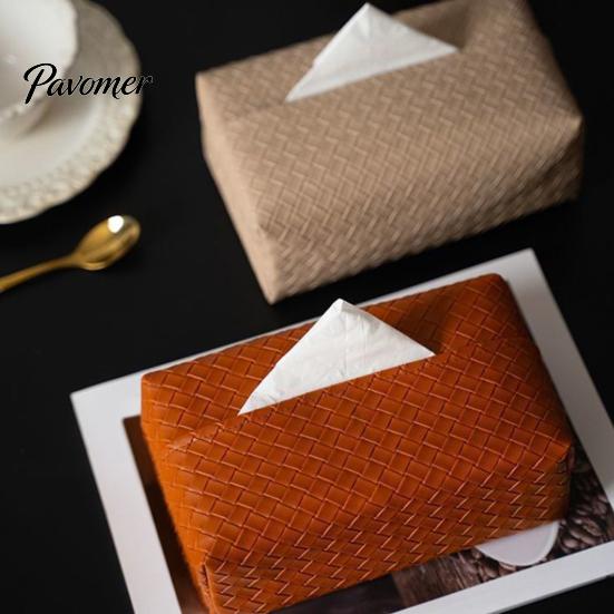 Wear-resistant Tissue Box PU Leather Box, with Smooth Paper Outlet Opening, Luxury Case Soft Rounded Weaving Surface Holder for Home Car High-end