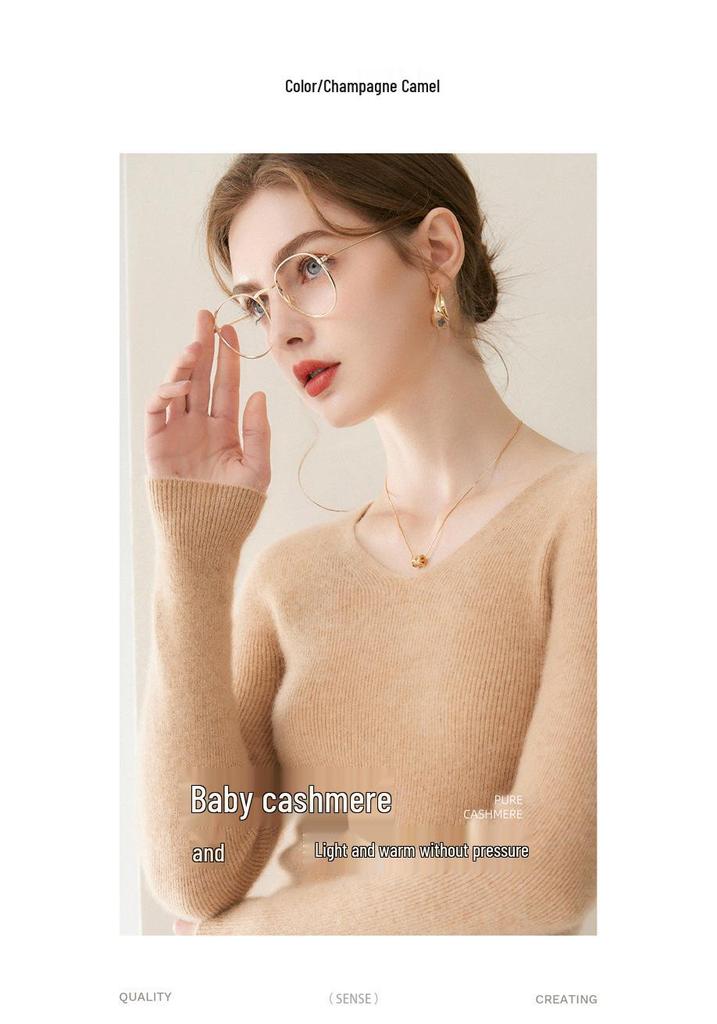 Women's 100% Pure Cashmere Crew/V-Neck Slim Fit Sweater - Soft, Skin-Friendly Knit for Autumn/Winter
