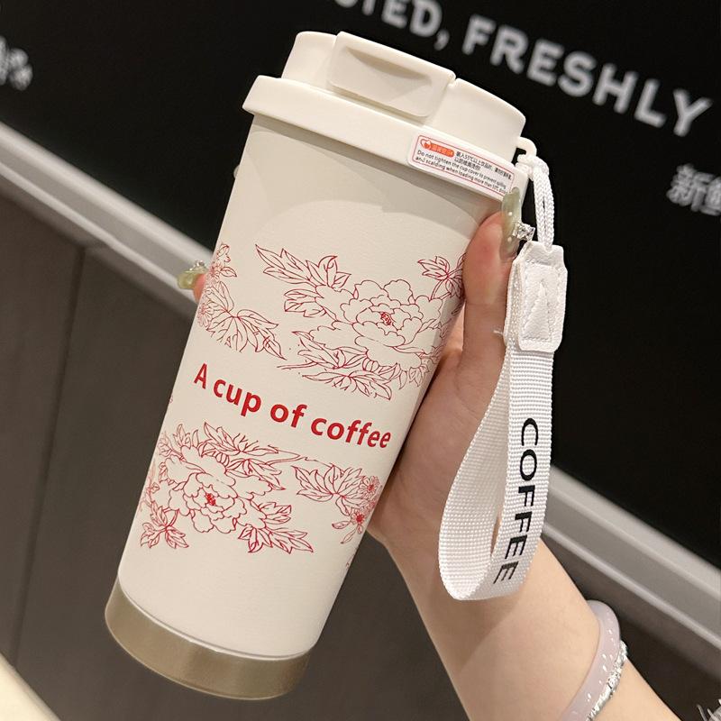 New Stainless Steel Lily of the Valley Coffee Cup High Value Thermal Insulation Cold Coffee Cup Rope Portable Double Drink Straw Cup