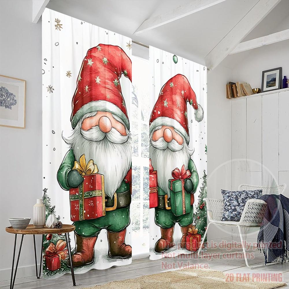 2pcs,2D Plane Printing Curtain Fabric Christmas Gnomes Gift Giving Versatile Polyester (without Rod) All Seasons Perfect for