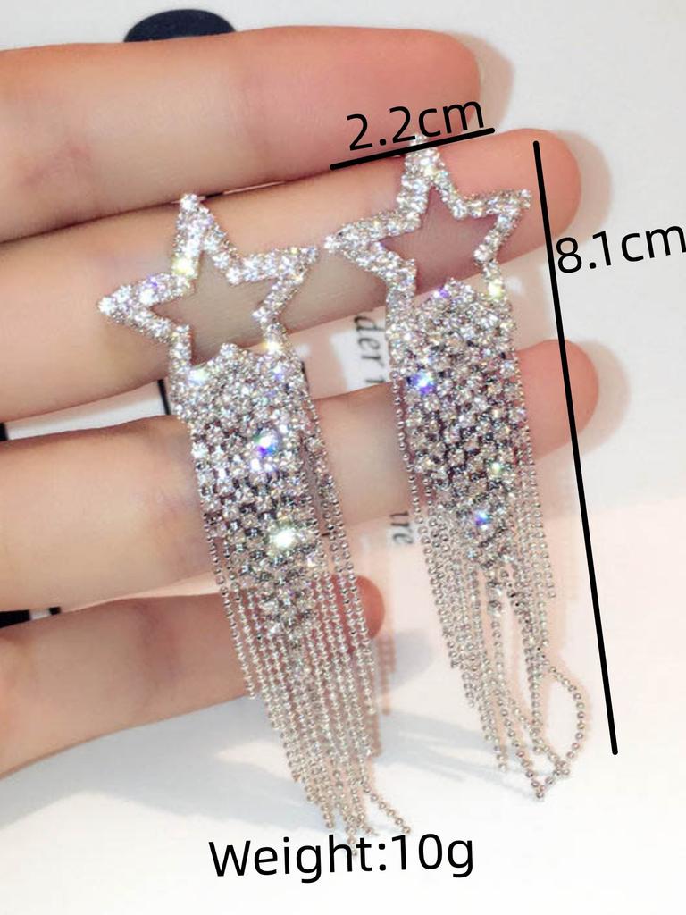 2PC Women's Fashionable Rhinestone Sparkling Star Tassel Earrings Suitable for Banquet and Party Accessories
