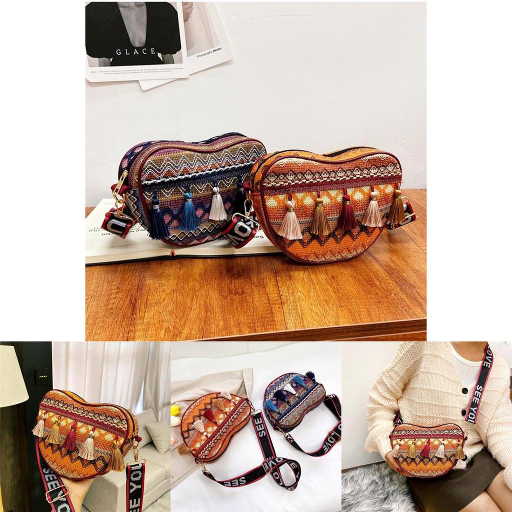 Bohemia Tassel Woven Small Shoulder Bag With Zipper Closure For Casual Day Use