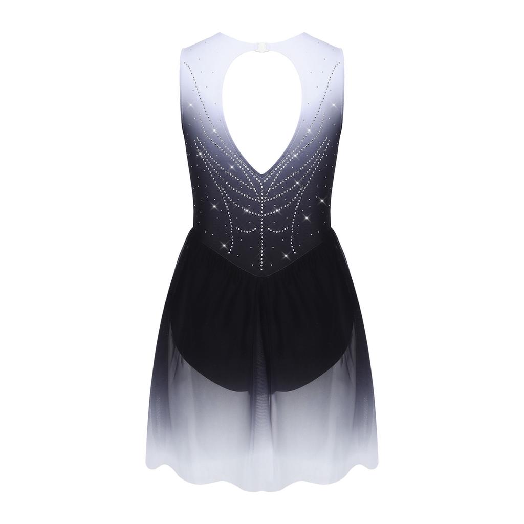 Mädchen Eiskunstlauf Gymnastik Bodysuit Farbverlauf Strass Ärmellos Keyhole am Rücken Unregelmäßiger Saum Knopfleiste im Schritt Leotard Kleid