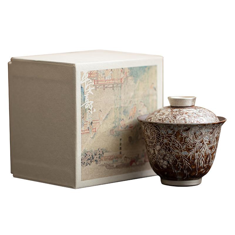 Old Rock Mud Teacups Flower Gilded Silver Gaiwan Chinese Kung Fu Teaware Stoneware Retro Tea Tureen Japanese Ceramic Drinkware