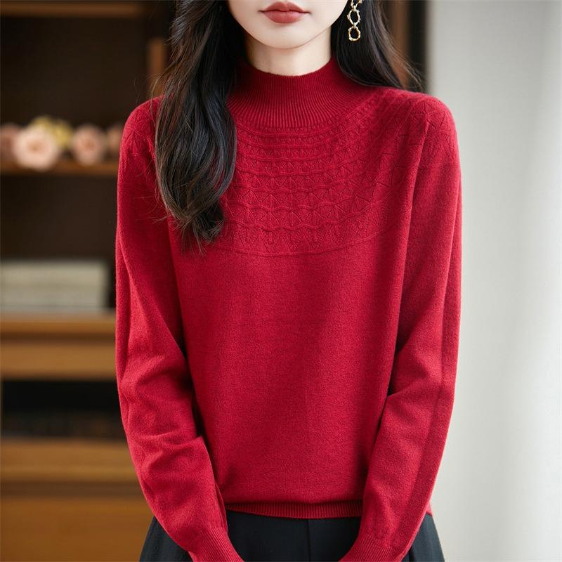 A New Style of Women's Autumn and Winter Hollowed-out Knitted Sweater Paired with A Base Layer A Pullover Long-sleeved and Semi-high-neck Sweater