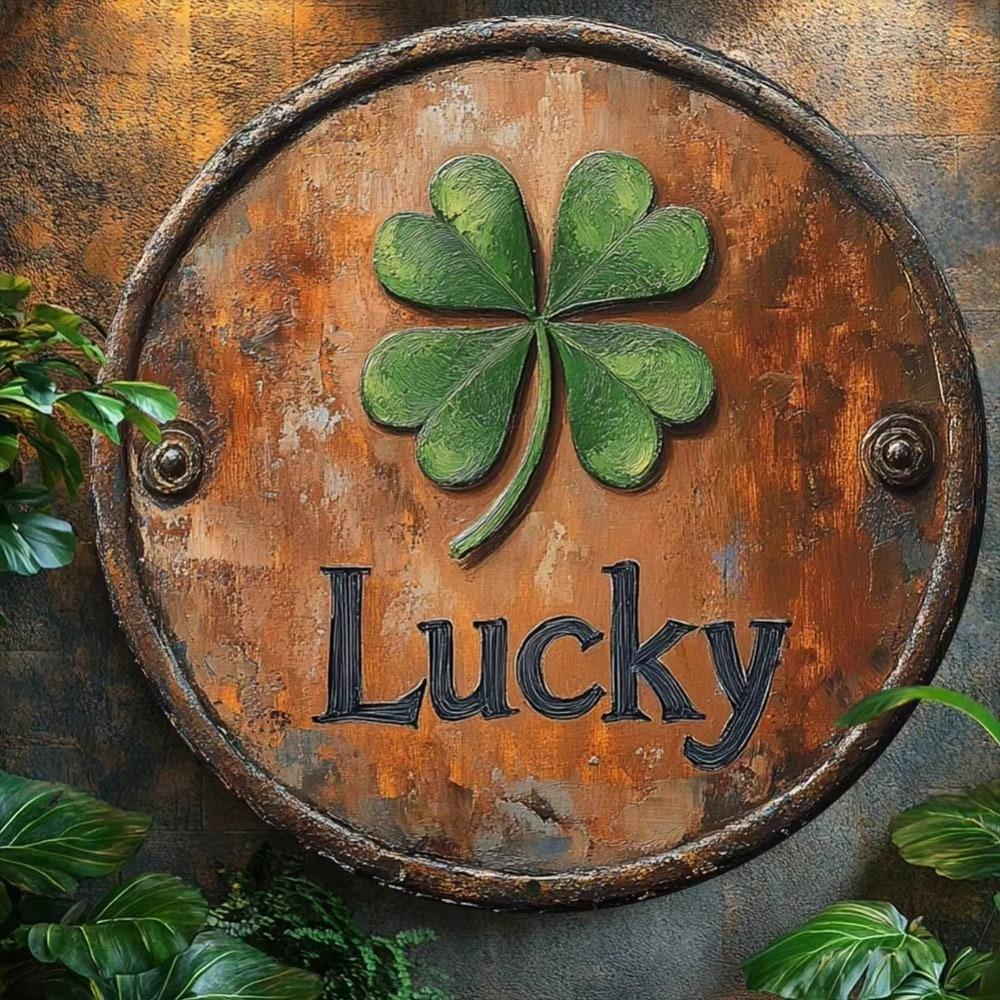 Retro Lucky Four Leaf Clover Round Metal Sign 8x8 Inch Wall Art for Indoor Outdoor Home Kitchen Living Room Decor