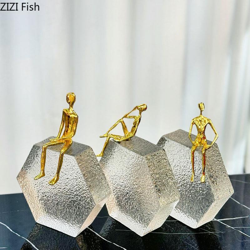 Golden Figures Statue Hexagonal Transparent Base Ornaments Desk Decoration Modern Character Sculpture Room Aesthetics Decor