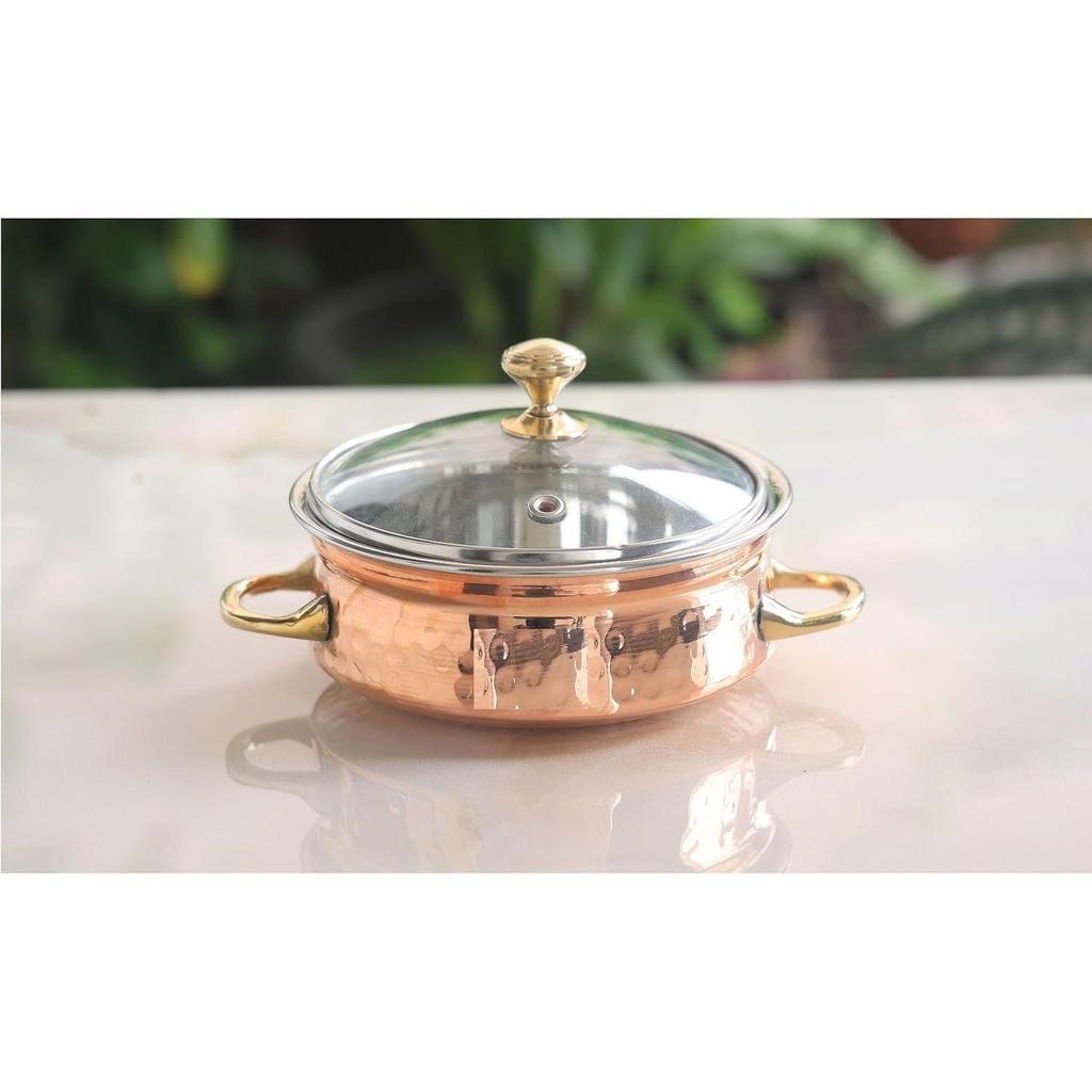 Steel Copper Handi Bowl with Glass Lid, for Serving Dishes, Tableware, Kitchenware for Home and Restaurant 500 ML