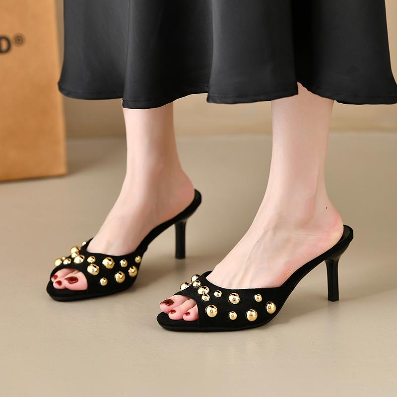 

Заклепки с открытым носком мюли на шпильках с золотыми заклепками декор классические сексуальные женские летние сандалии для платья, вечеринки, повседневной носки 42 чёрный