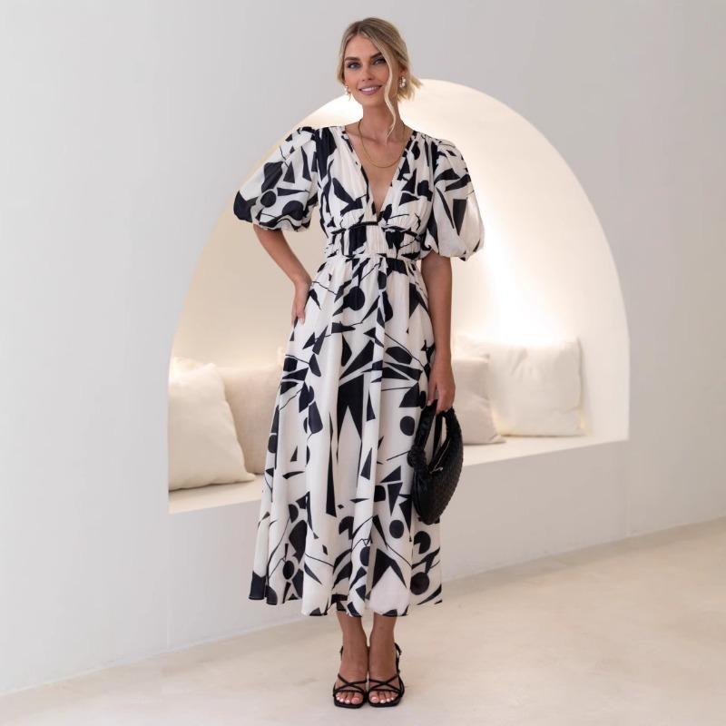 Damen Sommer Neue Modelle V-Ausschnitt Puffärmel Taille Schlank Großes Schwingkleid Bedruckte Kleider