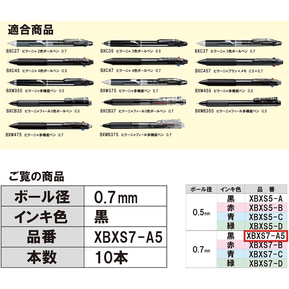 Pentel Ballpoint Pen Refills XBXS7-A5 0.7 Black 5 Pack