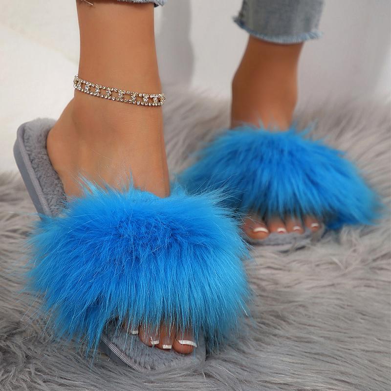 Fashion Chic Faux Fur Warm Plush Slippers for Women Mic Color Open Toe Fur Slippers Woman Winter Slip On Non Slip Cotton Slides Lady