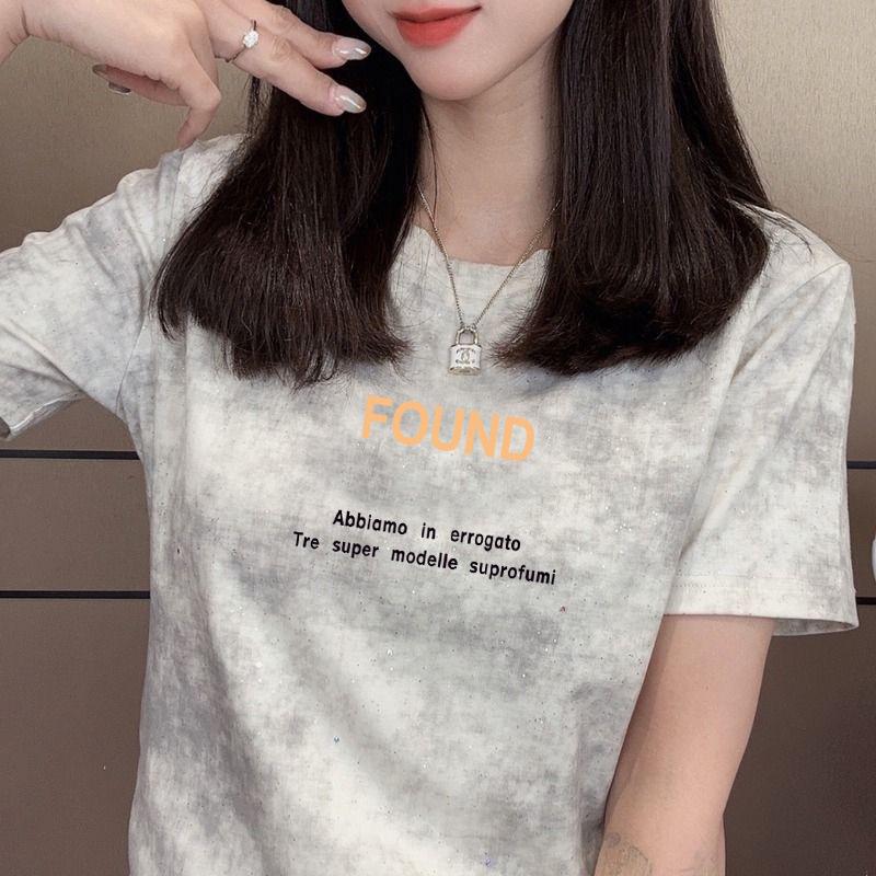 

Hot Stamping Sequin Print Short Sleeve Slim Women s T-Shirt - High-End Fashionable Petite Summer Top XL (115-130 lbs) темно-сірий