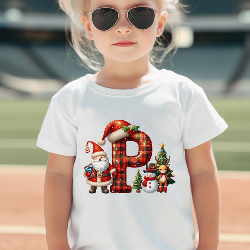 Personalized Kids Christmas T-shirt with A-Z Alphabet Print, Santa Hat Design for Boys & Girls