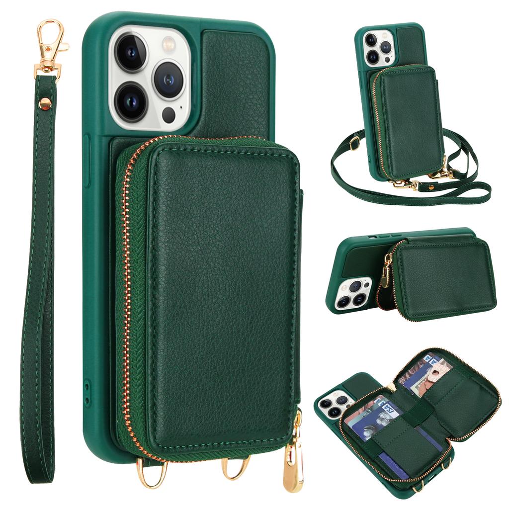 For iPhone 13 Pro Max Case RFID Blocking Zipper Wallet Leather + TPU Phone Cover with Shoulder Strap