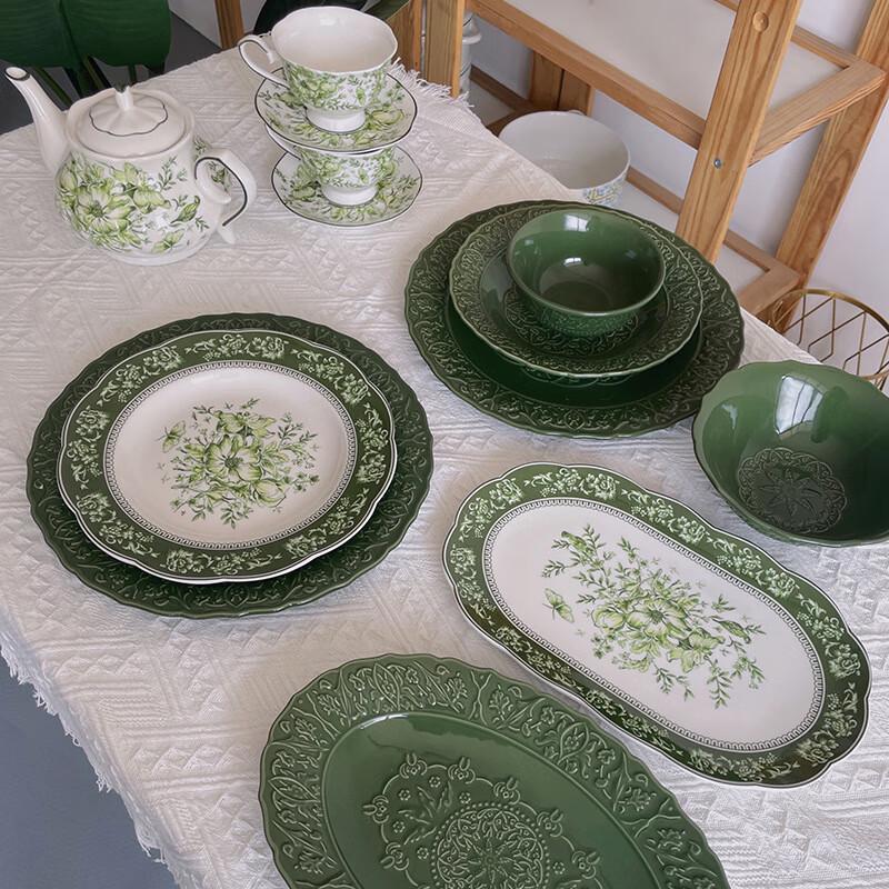 French Retro Marie Dark Green Ceramic Dinnerware Set