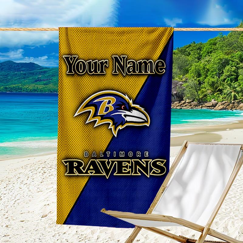 Custom Name Beach Towel Ravens Team Spirit Beach Towel, Soft Microfiber, Gift for Her/Him, Birthday, for Pool, Beach, Travel, Fan Gifts
