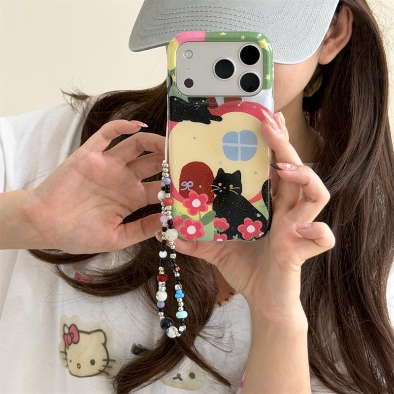 Black Cat Cartoon Chain Phone Case for iPhone 17, 16 Pro Max, 15, 14