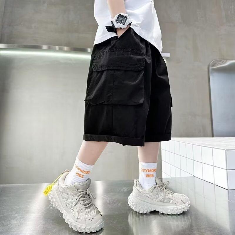 

Летние однотонные спортивные шорты с карманами для мальчиков, средние и большие детские тонкие брюки Five-minute со средней талией 120 чёрный