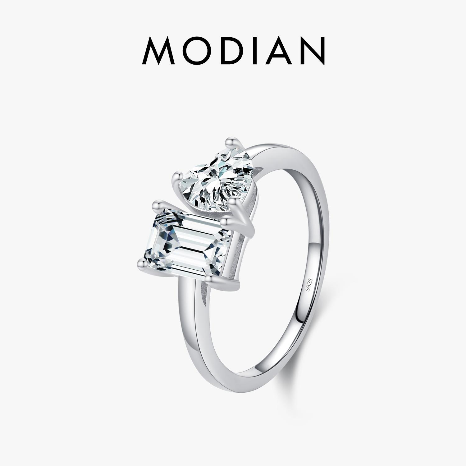 

Modian Effen 925 Sterling Zilveren Rechthoek & Hart Sparkle Clear Cz Mode Кольцо Vrouwelijke Voor Vrouwen Bruiloft Fijne Belofte Sieraden