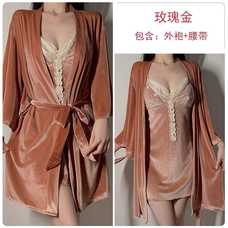 Women's Velvet Padded Sleep Dress with Open Front Robe Lounge Set