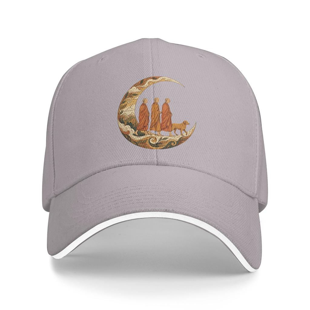 Walking for Peace Monks and Dog in a Crescent Moon Sun Baseball Cap Summer Couple Trucker Hat Sun Vintage Hunting Snapback Cap