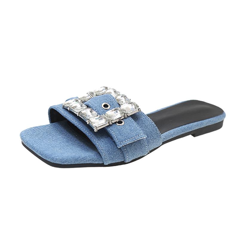 Flat-bottomed Sandals and Women's Shoes, New French Fairy Wind and Water Diamond Square Buckle Slippers In Spring and Summer