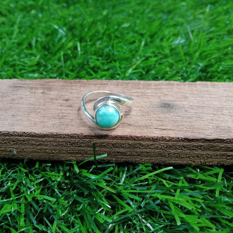 Round Larimar Gemstone Ring, Handmade Designer Ring, Solid 925 Silver Ring, Bezel Ring, Gift For Her, Women Ring