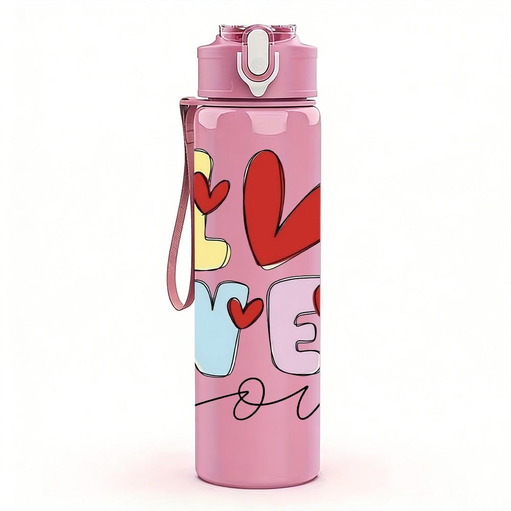 1PC Love You Cursive Letter Pattern 750ml Color Plastic Sports Water Bottle Leakproof Flip Straw Lid Suitable for Sports Office Home Use