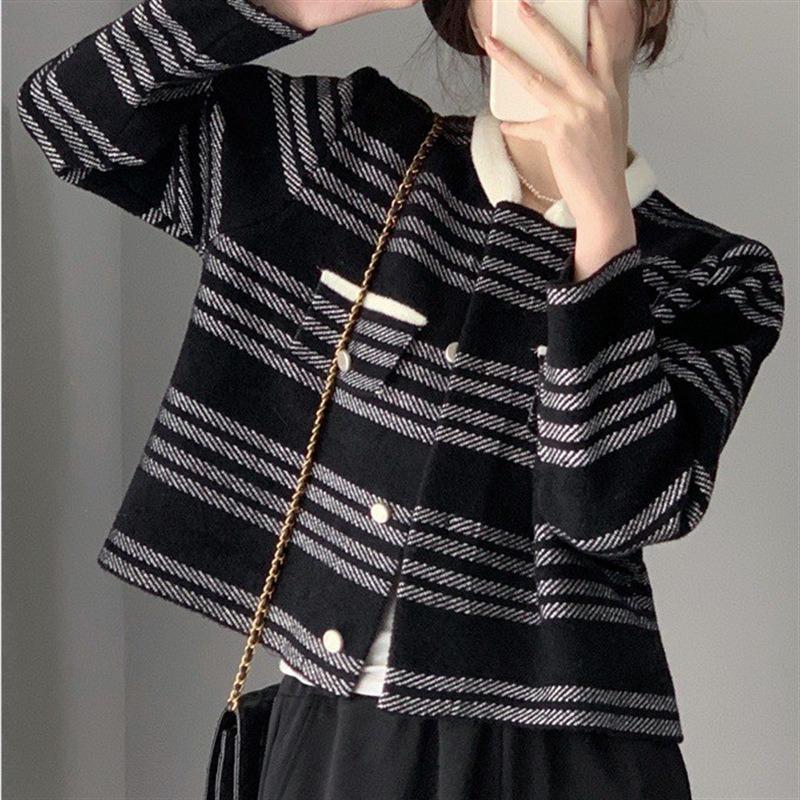 Autumn new imitation double-sided tweed crew neck cardigan striped cardigan women's knitted sweater celebrity coat