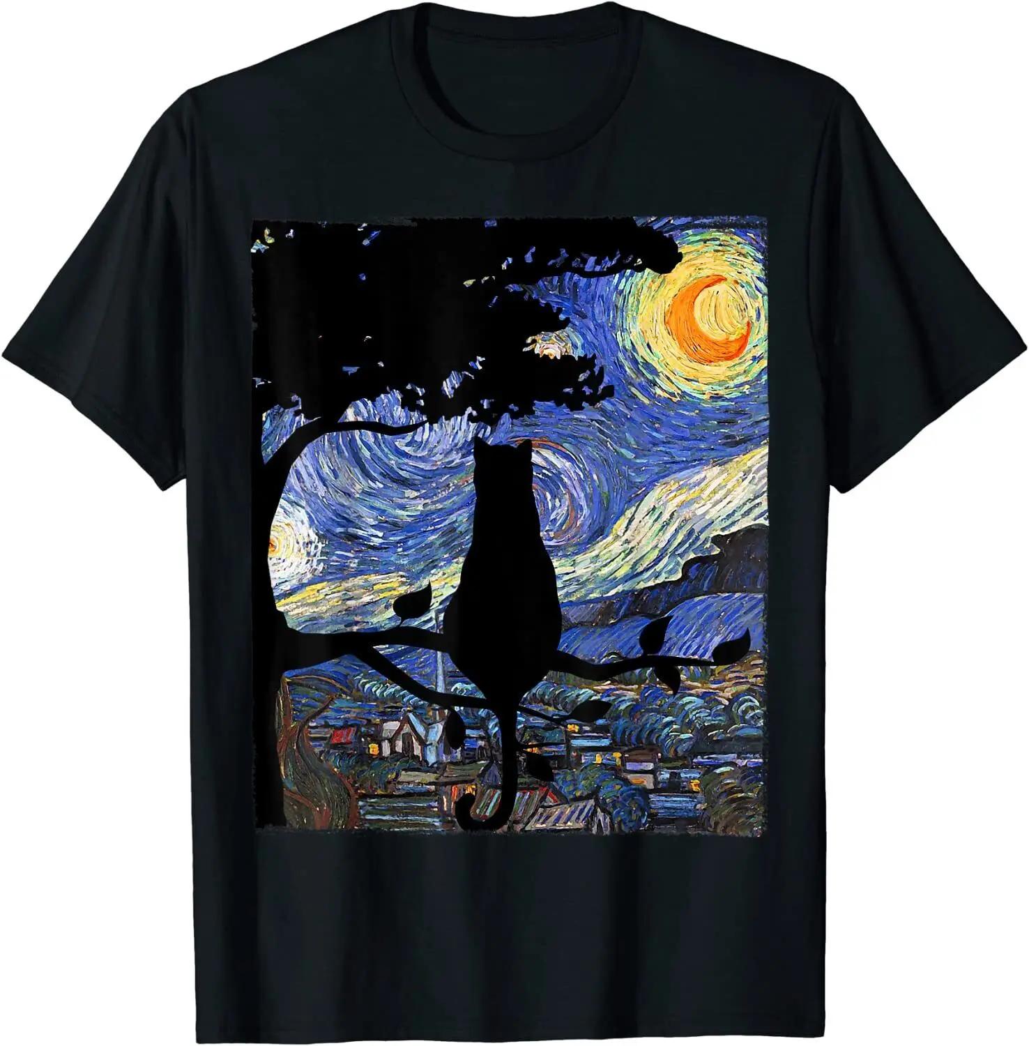 Cat and Starry Sky Print Tshirt Shortsleeved Round Neck Casual Classic Harajuku Street Style Fun Gift Women Clothing Y2K Tops S