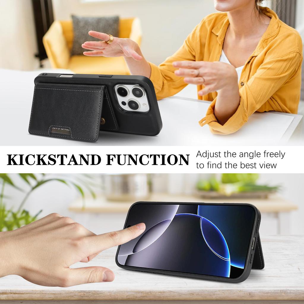 For iPhone 15 Pro Kickstand Case Bi-fold Card Bag PU Leather Coated TPU Cover Compatible with MagSafe