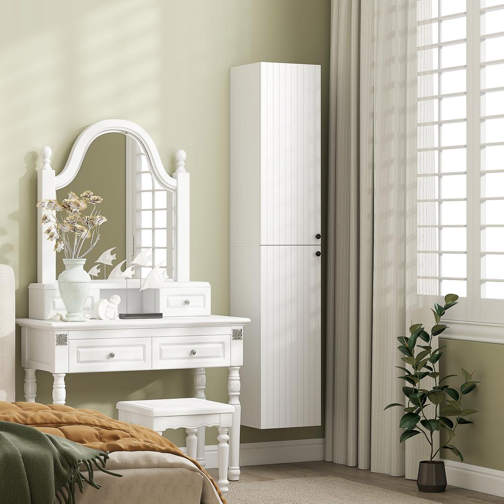 Wall-mounted Bathroom Cabinet, Lacquered Surface, 6 Shelves, MDF, White