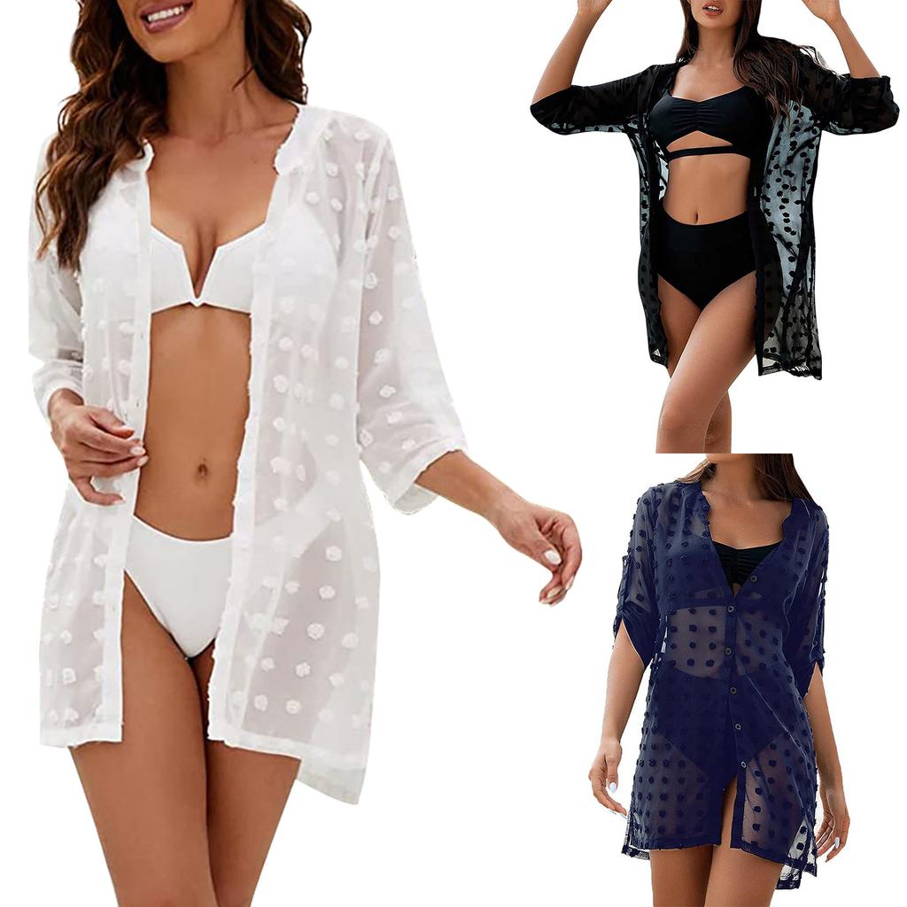 Women's Fashion Sheer V-Neck Beach Cover-Up Swimsuit Sun  Shirt