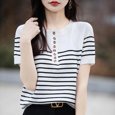 Summer Fashion Loose Striped Short-sleeved T-shirtSemi-open-neck Knitted Top
