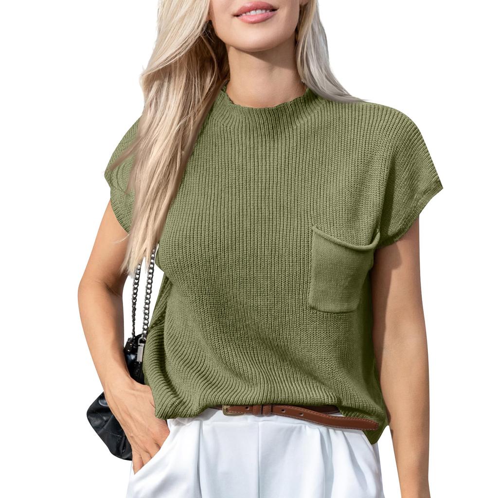 Women's Casual Fashion Sexy Color Comfortable And Breathable Round Neck Pullover Knitted Top With Pockets