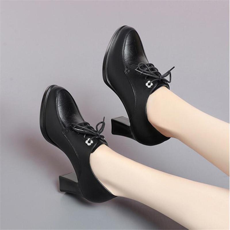 Spring Autumn Women's Pumps Fashion Deep Mouth Pumps Shoes Woman Genuine Leather Lace Up Single Shoes Mother High Heels Shoes