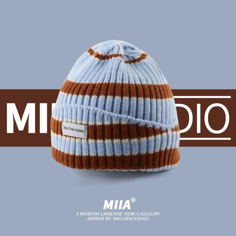

Niche striped autumn and winter warm wool hat showing face small contrasting color knitted hat fashionable anti-cold hat One Size