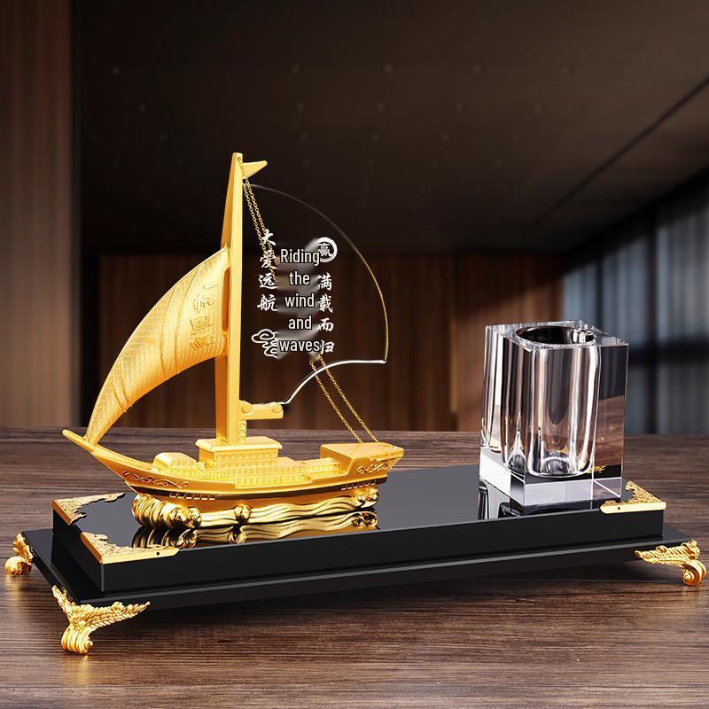 Smooth Sailing Pen Holder: Elegant Sailboat Crystal Ornament for Office or Home.