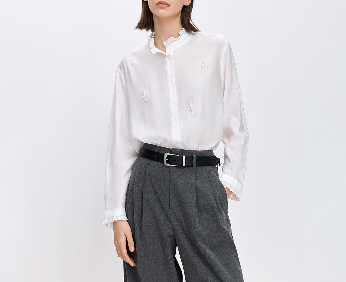 Spring 2026 Simple French Style Women s White Shirt with Pearl Beading and Ruffle Drape. Small белый