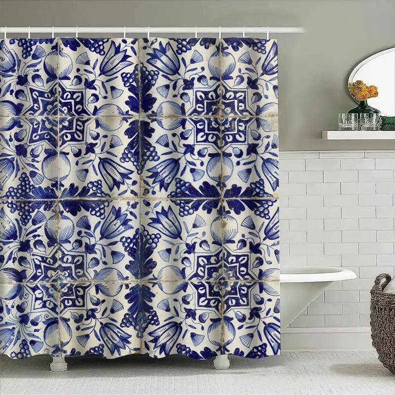 Vintage Blue White Floral Shower Curtain Polyester Fabric Waterproof Bathroom Decor Home Kitchen Decoration