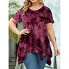 Plus-size Fashion Women's Tie-dye V-neck Hem Irregular Short-sleeved Loose Top