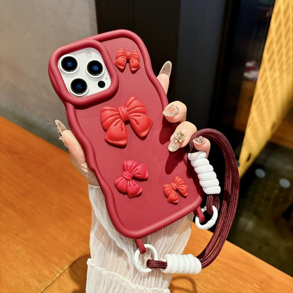 For IPhone 16 Phone Case All Inclusive Bow Tie 15 Promax for Apple 14 One-piece Lanyard Hole Large Wave Case