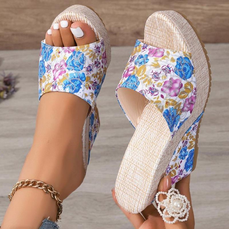 2026 New Women Shoes Fashion Shoes Casual Flip Flops Summer Bohemia Vintage Floral Print Peep Toe Wedge Slippers