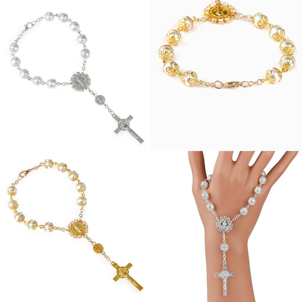 Elegancka Złota i Srebrna Koronkowa Imitacja Szkła Perłowa Różana Bransoletka Różaniec Z Krzyżem