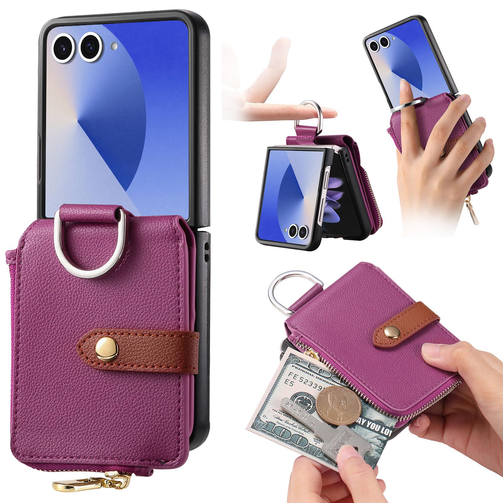 

For Samsung Galaxy Z Flip7 5G Case Zipper Pocket Leather+PC Phone Cover with Ring Holder Purple