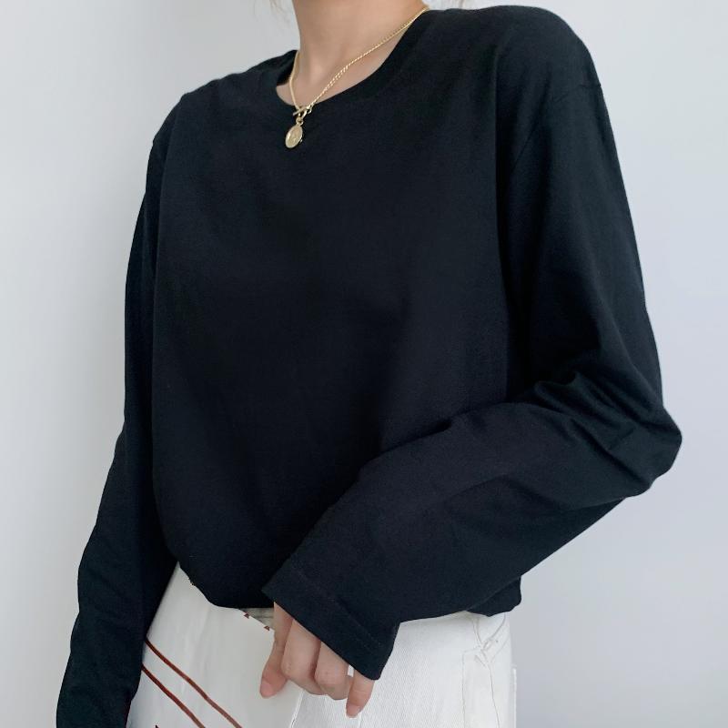 

Жіноча бавовняна однотонна футболка з довгими рукавами на підкладці з довгими рукавами, вільні топи великого розміру M чорний