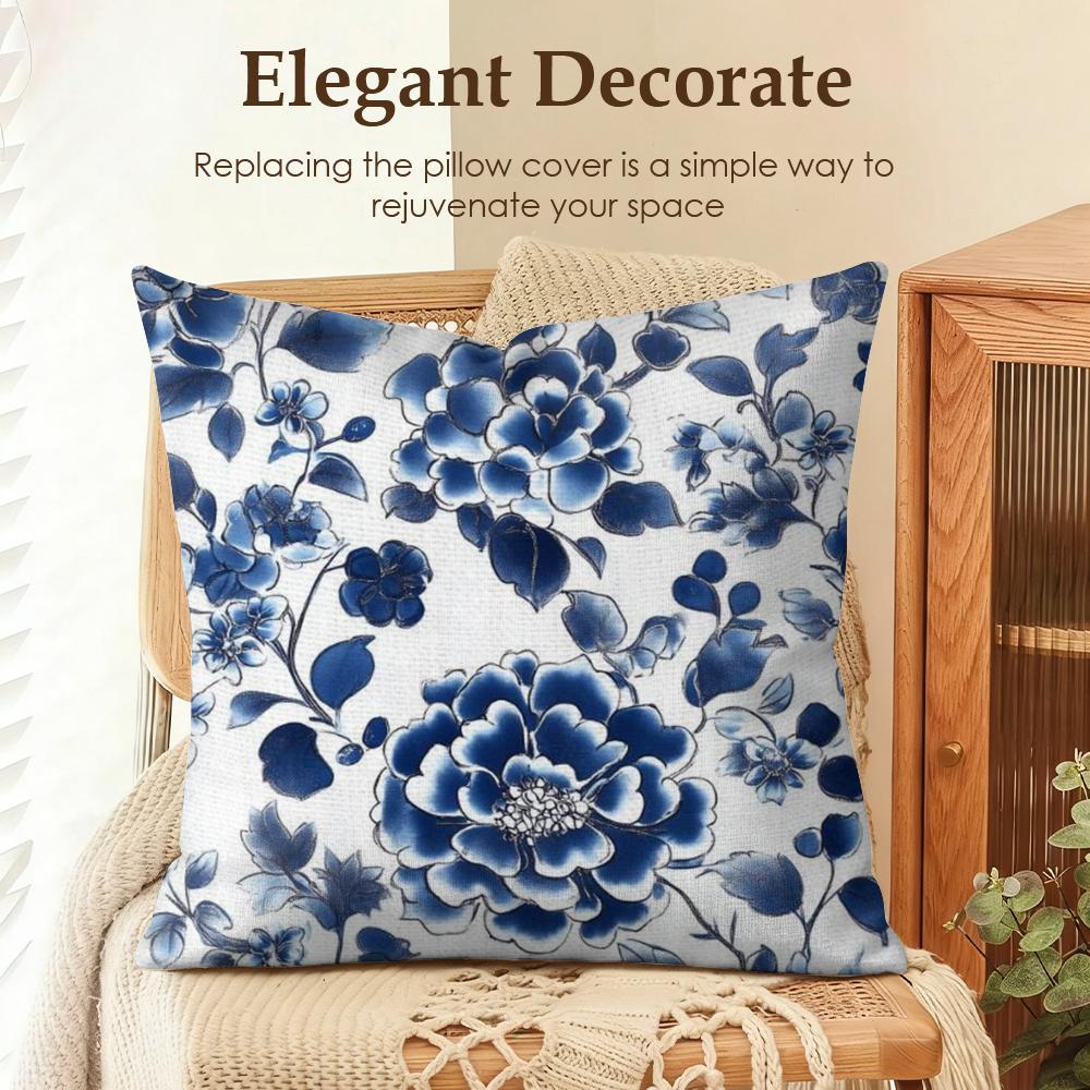 Blue And White Porcelain Cushion Cover Natural Linen Organic Fabric DoubleSided Printing Sofa Home Decor Gift Pillow Case