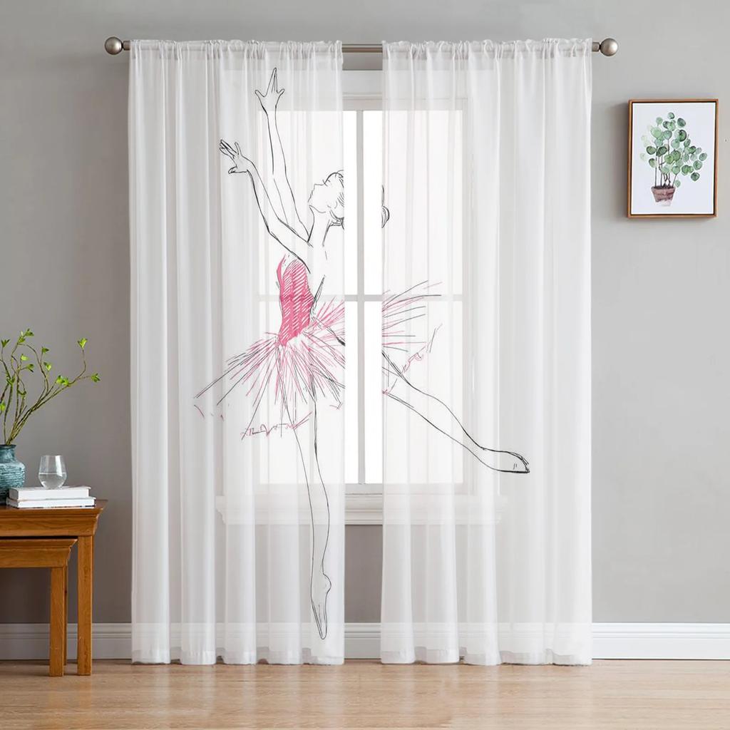Ballet Dancer Girl Pink Flower Sheer Curtains Window Curtains for Living Room Bedroom Home Decor Cherry Blossoms Chiffon Curtain